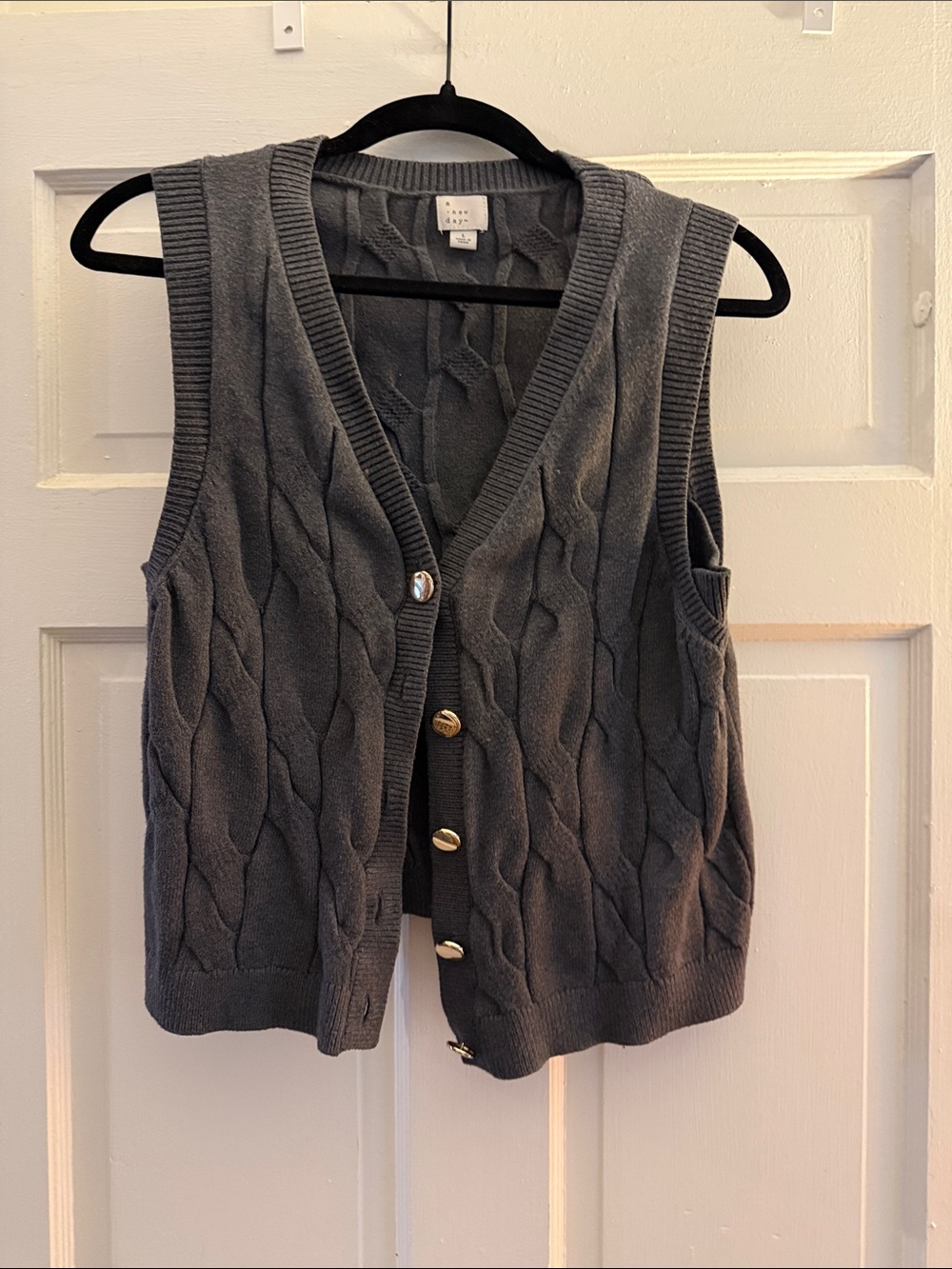 Charcoal Cable-Knit Sleeveless Cardigan Vest with Gold Buttons